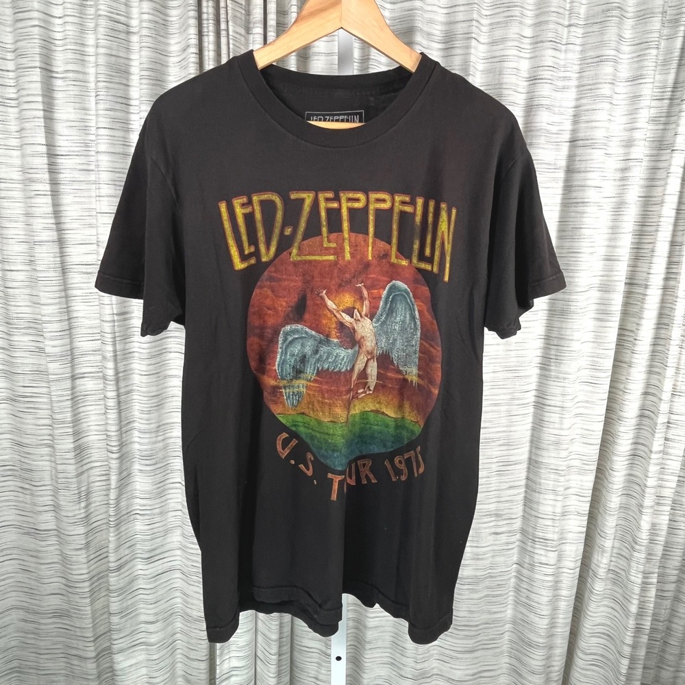 Led Zeppelin US Tour 1975 Graphic T-Shirt Black Cotton Mens Large Icarus Logo
